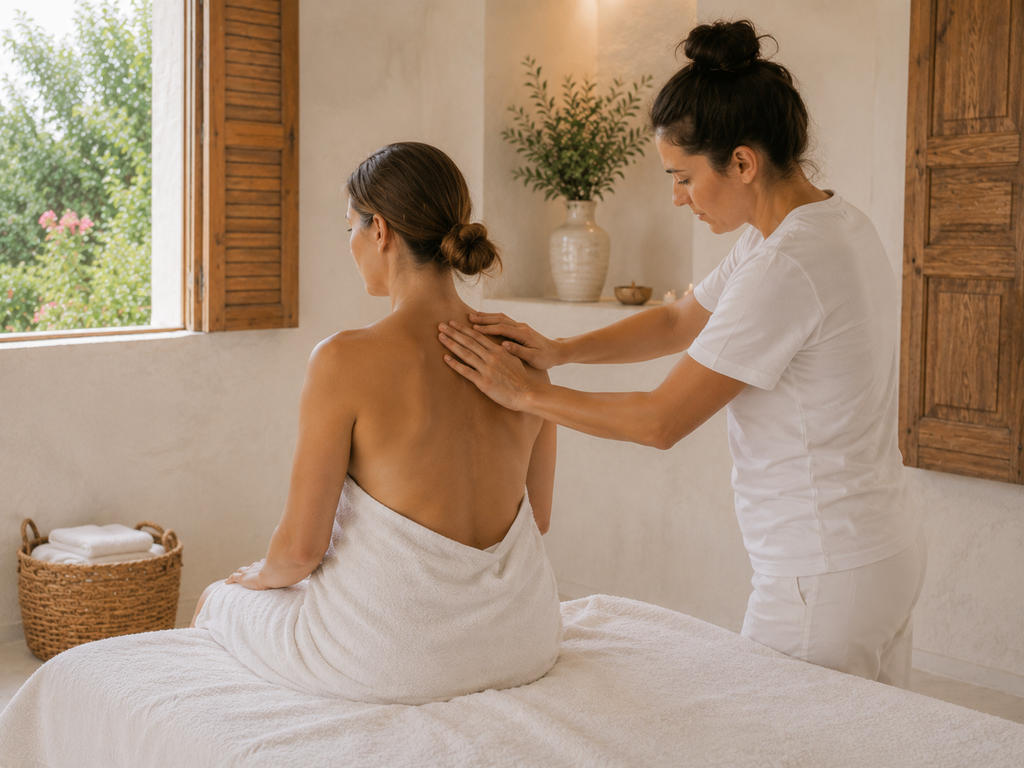 Expectant mother receiving a gentle side-lying pre-natal massage in a warm Ibiza villa spa